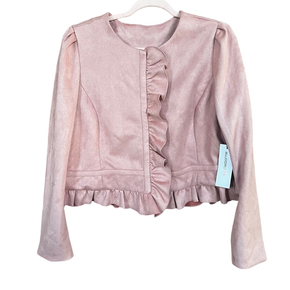 NWT Liz Claiborne Pink Faux Suede Ruffle Front Puff Sleeve Blazer Jacket Size L
